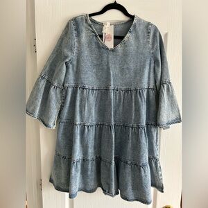 Tiered Denim Shirt Dress Light Blue Casual Tunic